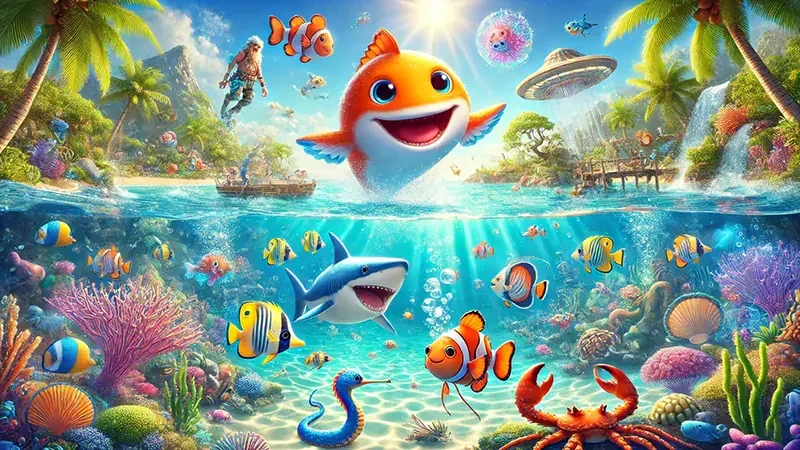 Target ikan berwarna bergerak di arena arcade bawah laut